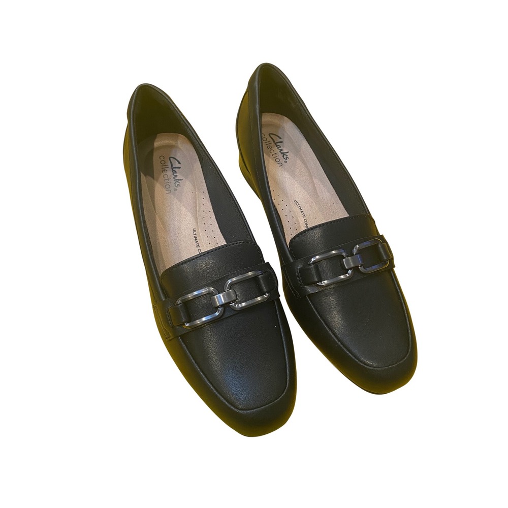 Clarks Collection Juliet Tech Black Leather Loafers Chain Detail 8.5 W Wide
